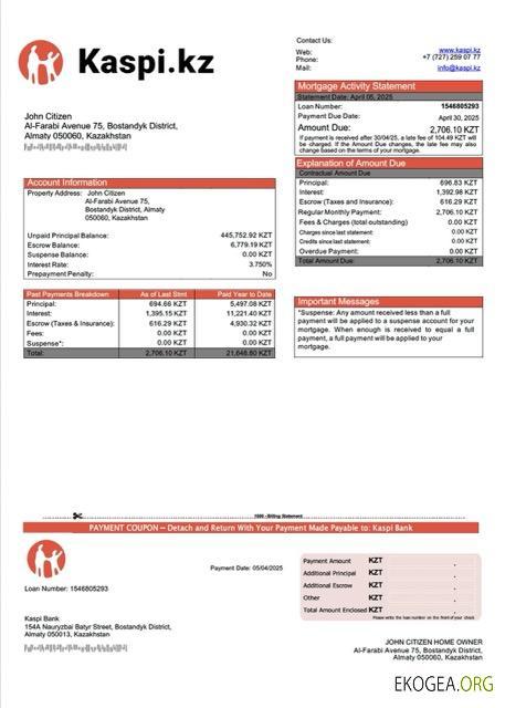 Modèle Word et PDF de relevé hypothécaire de la Kaspi Bank du Kazakhstan